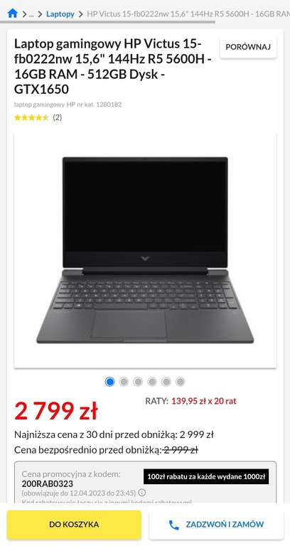 Laptop HP Victus 15-fb0222nw 15,6" 144Hz R5 5600H - 16GB RAM - 512GB Dysk - GTX1650