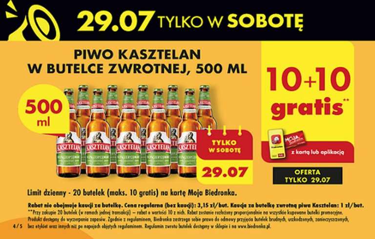 Piwo Kasztelan but.zw. 500ml 10+10 gratis @Biedronka