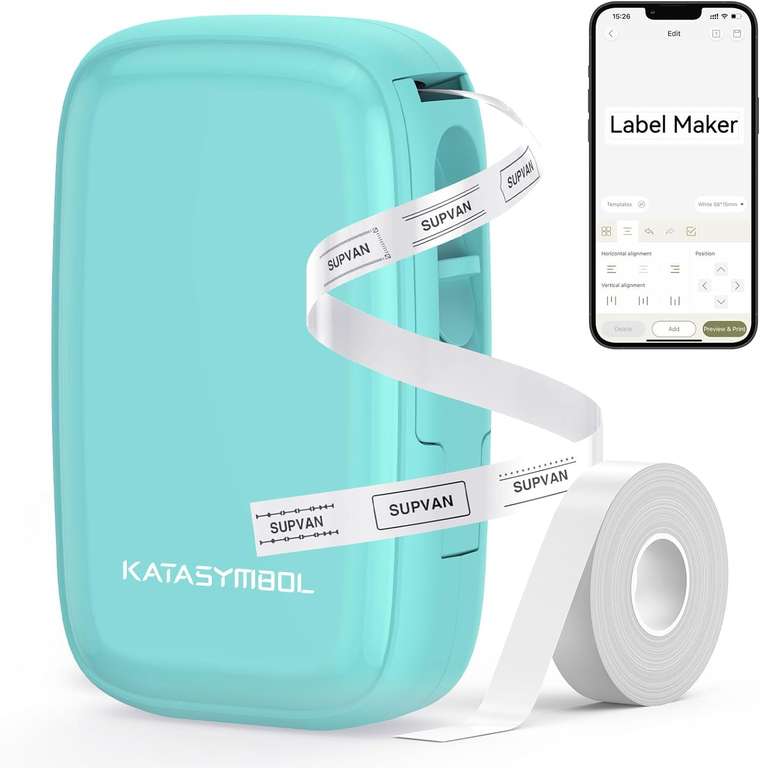 SUPVAN Katasymbol mini drukarka etykiet – E16 z Bluetooth, z 1 rolką 15 mm x 6 m etykiet, do systemów iOS i Android