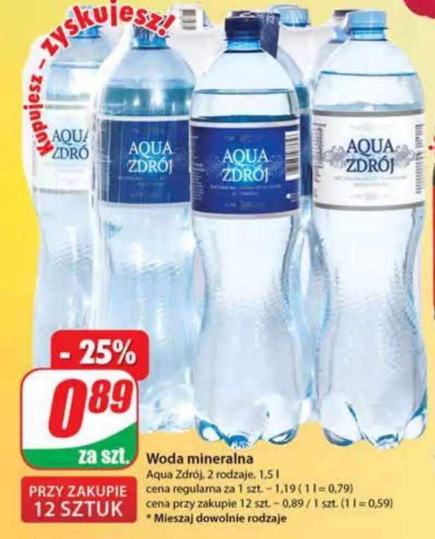 Woda mineralna Aqua Zdrój 1.5l, przy zakupie 12szt, DINO