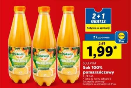LIDL: Sok pomarańczowy Solevita 1L cena 1 butelki przy zakupie 3 z kuponem Lidl Plus