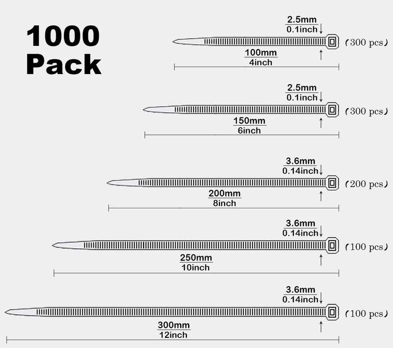 1000 sztuk czarne trytytki, opaski kablowe 100/150/200/250/300 mm x 3,6 mm.