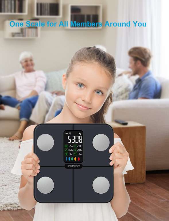 Healthkeep Cyfrowa waga analityczna, 15 danych składu ciała, pomiar tętna, z dużym ekranem VA, z aplikacją dla systemów iOS i Android