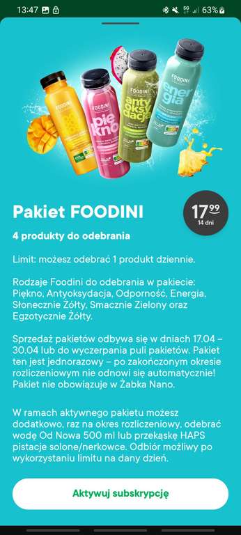 Żabka subskrypcja Foodini + e-bon 10 zł za podpięcie karty Visa