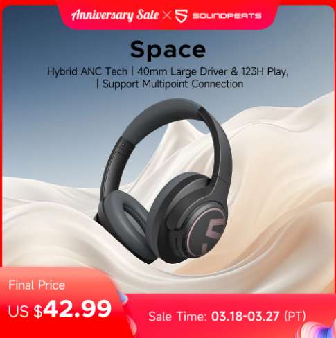 Słuchawki bezprzewodowe SoundPEATS Space ANC (Hi-Res Audio, 40mm, Bluetooth 5.2) | Wysyłka z CN | $41.95 @ Aliexpress