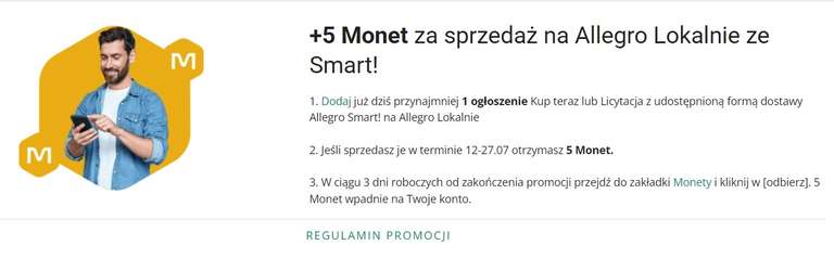 +5 monet Allegro za wystawienie i sprzedaż produktu ze Smartem w Allegro Lokalnie