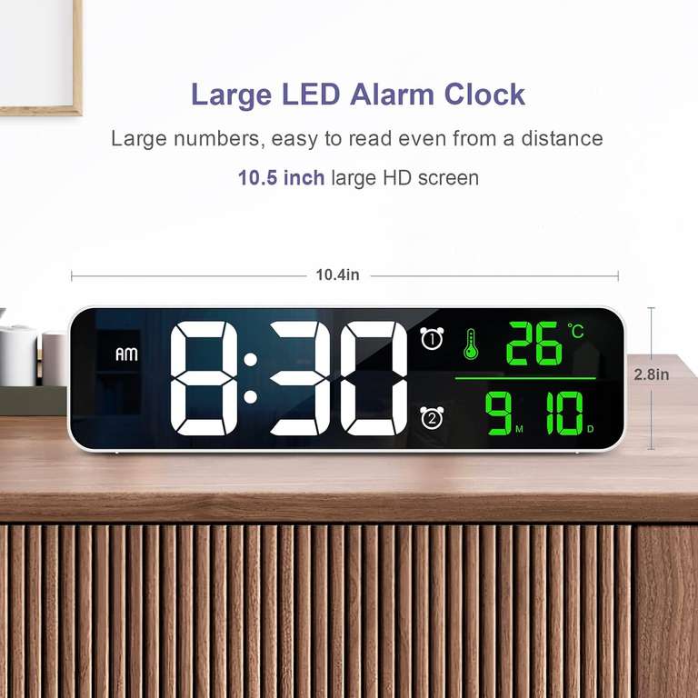 OQIMAX Cyfrowy budzik, zegar nocny 10,5” LED, lustrzany, temperatura, 5 poziomów jasności, podwójny alarm, 4 głośności, 40 dzwonków