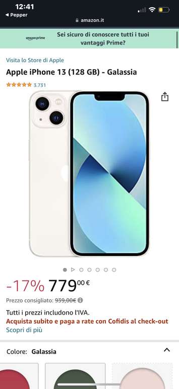 (Amazon.it) Apple iPhone 13 128gb White 779.00€ + 4,47 €