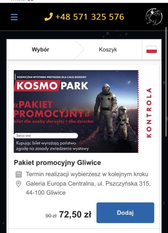 Wejściówka na wystawę Kosmopark w Gliwicach dorosły+dziecko 72.5 zł