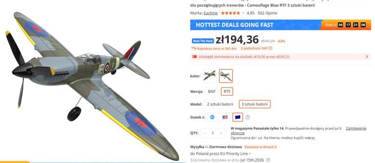 Samolot RC Eachine Spitfire V2 2.4GHz EPP 400mm