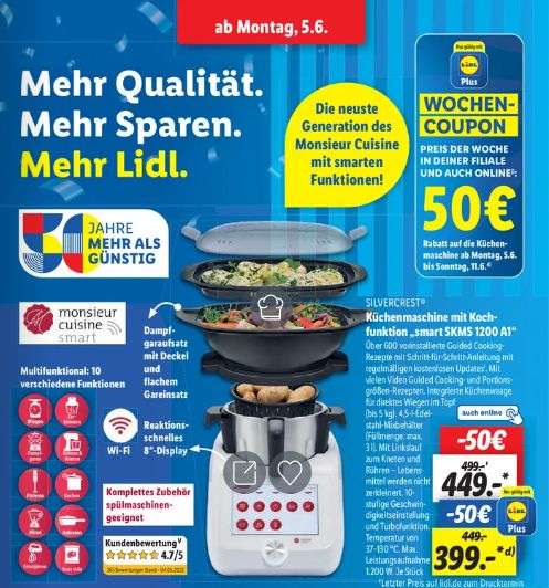 SILVERCREST Wielofunkcyjny robot kuchenny z Wi-Fi Monsieur Cuisine Smart, 1200 W za 449€, możliwe 399€