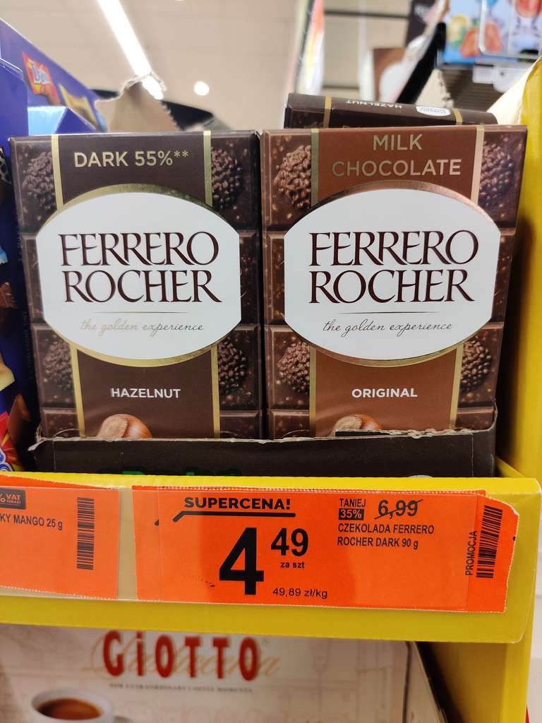 Czekolada FERRERO ROCHER z orzechami laskowymi ( mleczna lub w ciemnej czekoladzie 55% ). BIEDRONKA