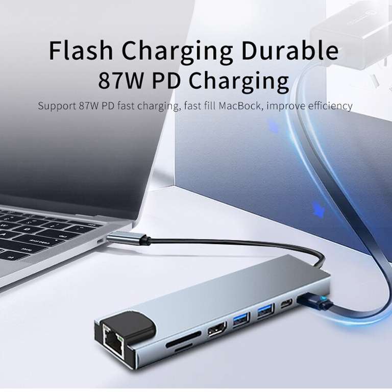 Mały Hub USB-C 8w1 USB-C 3.1 na 8 portów HDMI 4K/30Hz | RJ45 100Mbps | SD/TF | PD 87W | USB-C i USB 3.0 i USB 2.0 [8.02 USD]