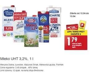 Mleka UHT 3,2% 1L Mleczna Dolina, Łowickie, Mazurski Smak, Mlekovita, Polmlek @Biedronka