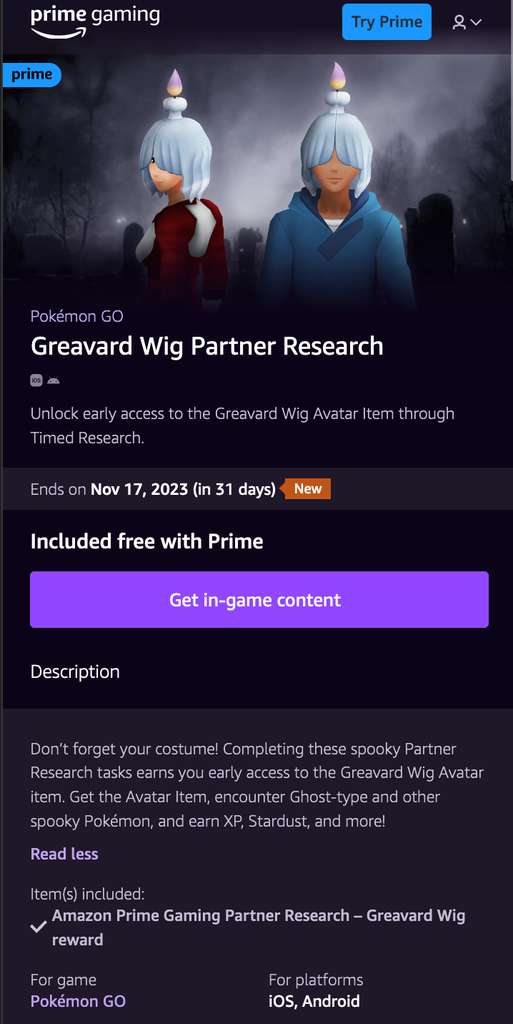 Earn early access to the Greavard Wig with  Prime Gaming Partner  Research! – Pokémon GO