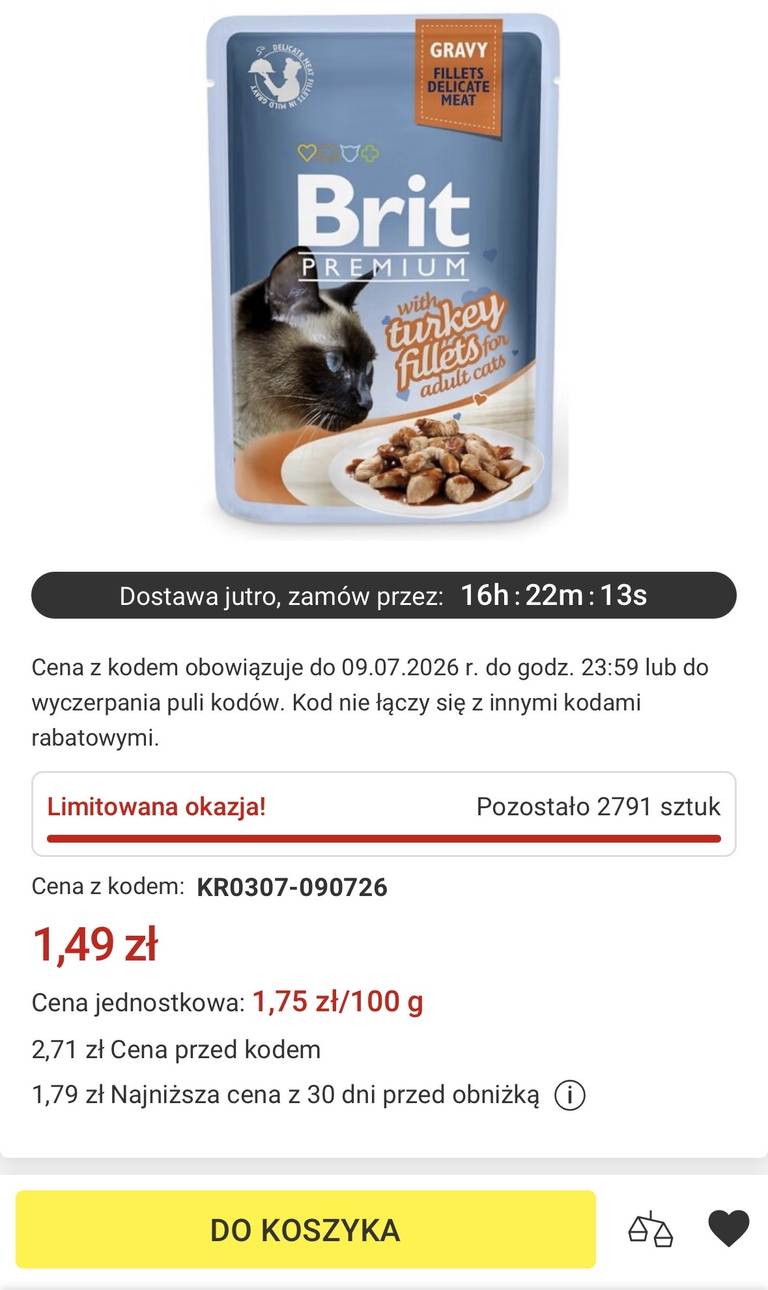 Krótka data. Karma dla kota BRIT Premium Indyk 85 g