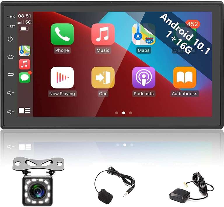 Android 10.1 radio samochodowe z podwójnym DIN, cyfrowy odbiornik multimedialny 7 cali, ekran dotykowy, Wireless CarPlay i Bluetooth GPS