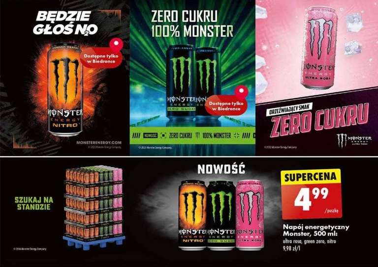 Monster Energy Nitro Cosmic Peach i Zielony Zero Cukru w Biedronce