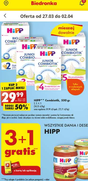 HiPP bio combiotik 2, junior combiotik 3, 4, 5 mleko modyfikowane w biedronce przy zakupie dwóch.