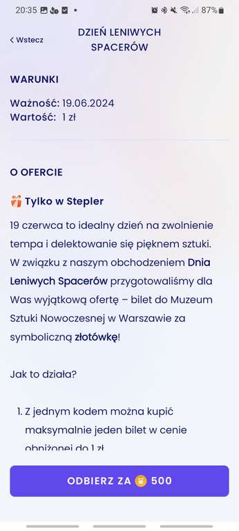 (Stepler 500pkt) Muzeum sztuki nowoczesnej w Warszawie za 1 zł.