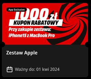Aplikacja MediaMarkt - Kupon rabatowy 1000 zł przy zakupie zestawu iPhone 15 z MacBooka Pro