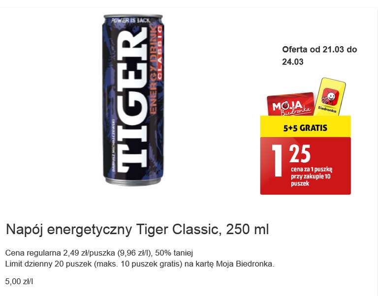 Tiger Classic Napój energetyczny 250 ml cena przy zakupie 10 puszek @Biedronka