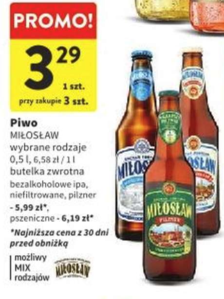 Piwo Miłosław pilsner, niefiltrowane, bezalkoholowe IPA but. zw. 0,5L @Intermarche