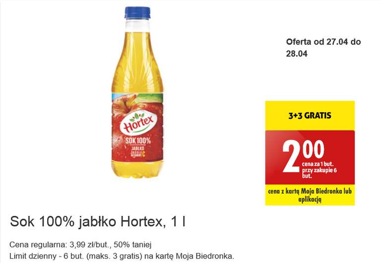 Hortex Sok jabłkowy 100 % cena przy zakupie 6 butelek @Biedronka