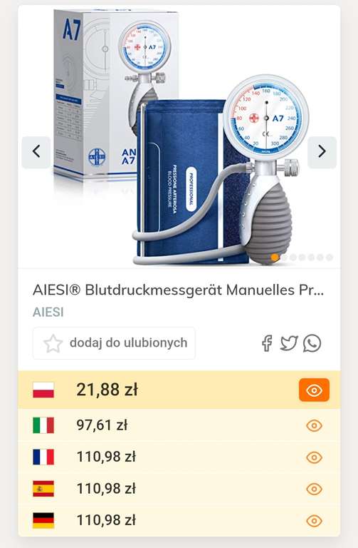 AIESI Profesjonalny ciśnieniomierz ręczny Aneroid, ręczny model dla dorosłych ANEROID A7, regulowany uchwyt, 24 miesiące gwarancji.