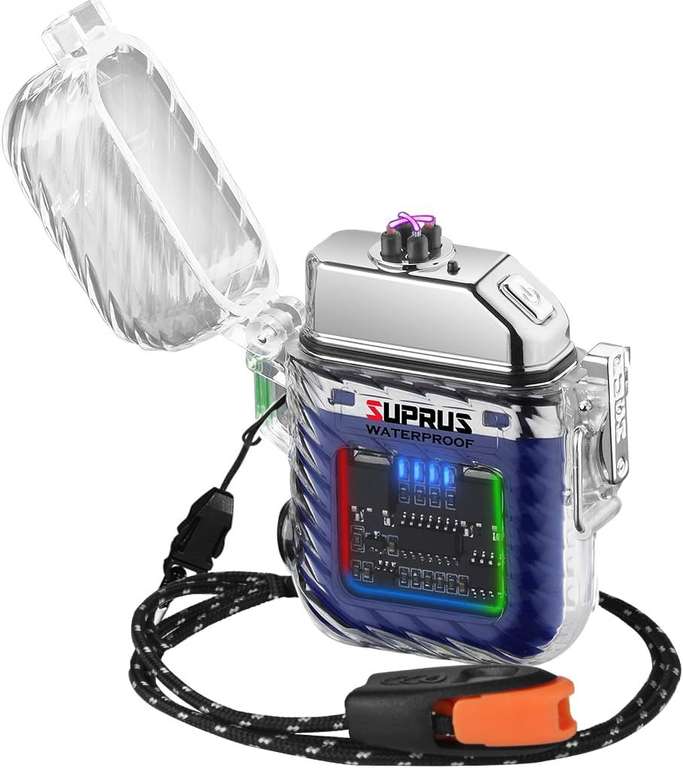 Elektryczna zapalniczka z 3 trybami pracy - ładowanie USB, wodoszczelna, z gwizdkiem ratunkowym i smyczą - niebieska, czarna i srebrna