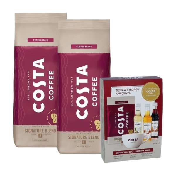 2 opakowania Costa Coffee Signature Blend 1KG + Zestaw Syropów do Kawy