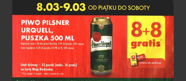 Piwo Pilsner Urquell puszka 500 ml 8+8 gratis