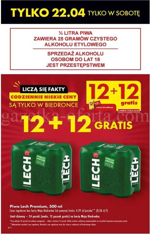 Piwo Lech Premium 500ml 12+12 GRATIS @Biedronka