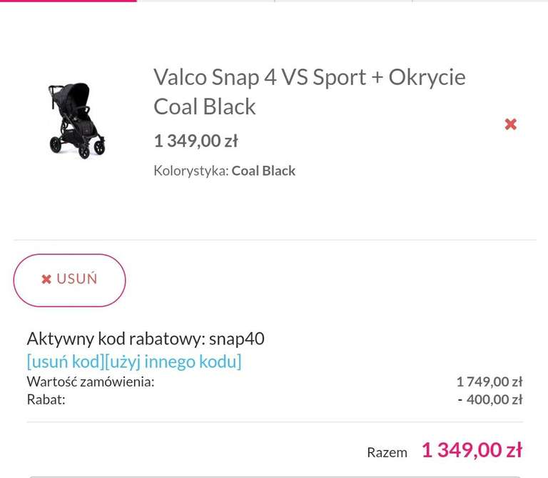 Wózek spacerowy Valco Snap 4 VS Sport + Okrycie Coal Black