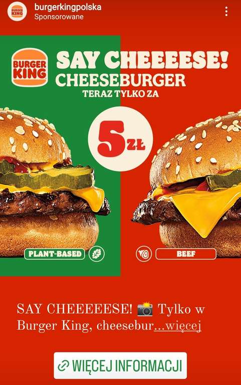 Burger King, cheeseburger lub plant-based cheeseburger za 5zł