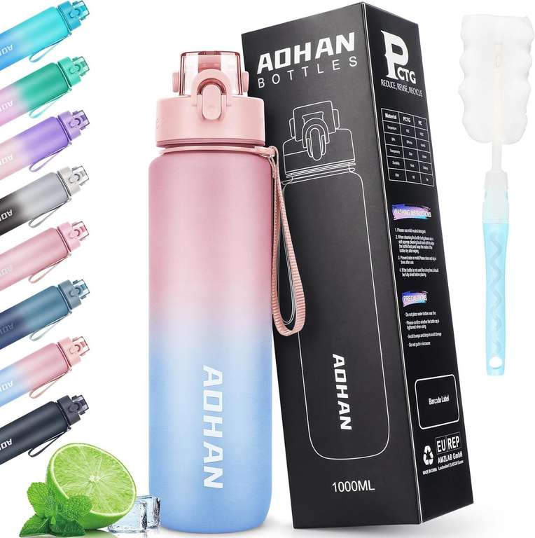 AOHAN - sportowa butelka na wodę z Tritanu, 1L - bez BPA, otwierana na przycisk, z filtrem, szczelna - granatowa + inne kolory
