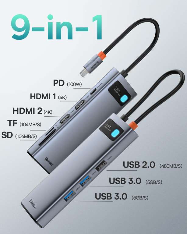 Baseus Stacja dokująca USB C, podwójny wyświetlacz, 9w1, USB C HUB 2, 4K HDMI, Gigabit Ethernet, 100 W PD, czytnik kart SD/TF, 3 USB Amazon
