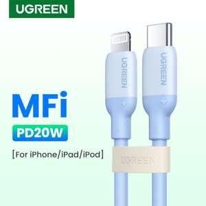 Kabel MFi do iPhone 7/8/11/12/13 UGREEN USB C - Lightning 1m, gładki silikon, nieplączący rózne kolory różowy / niebieski / zielony / czarny
