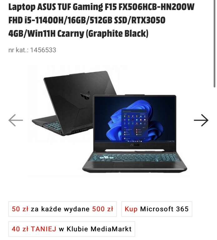 Laptop ASUS TUF Gaming F15 FX506HCB-HN200W FHD i5-11400H/16GB/512GB SSD/RTX3050 4GB/Win11H Czarny