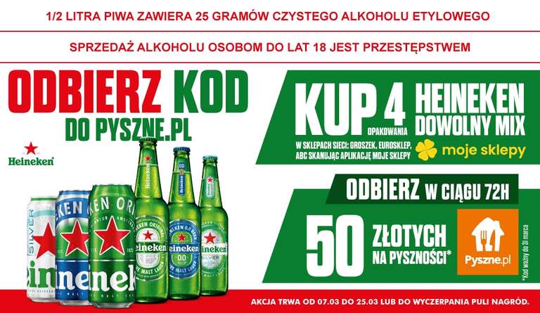 Kod 50 zł pyszne.pl za kupno 4 piw Heineken z aplikacją Moje Sklepy