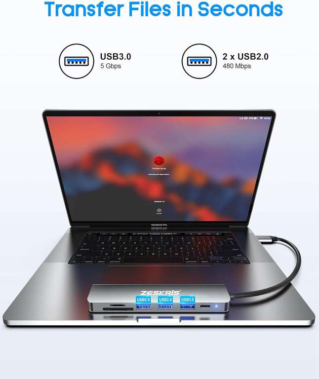 ZESKRIS Hub USB C, adapter 7 w 1 USB C na HDMI z 4K HDMI, 100 W PD, 1 x USB 3.0, 2 x USB 2.0 i czytnik kart SD/TF