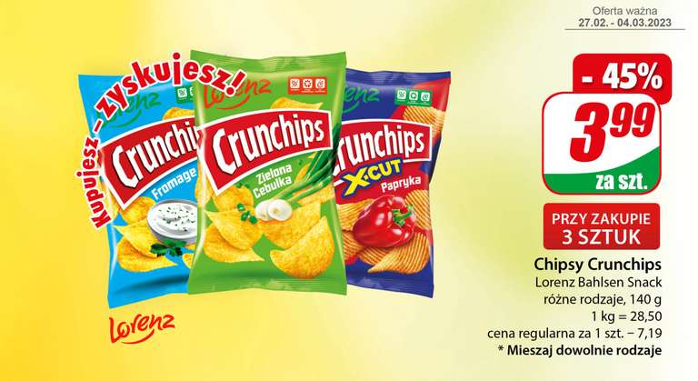 Chipsy Crunchips 140g różne rodzaje, cena paczki przy zakupie 3 @Dino