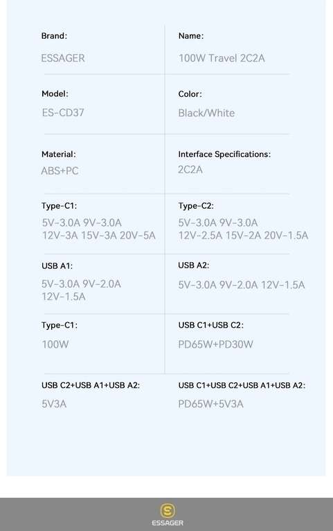 Ładowarka Essager 100W GaN USB typu C + A (100W na pojedynczym porcie) $15.22