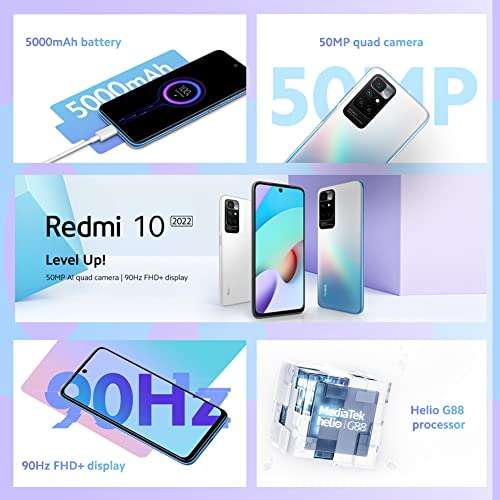 Smartfon Xiaomi Redmi 10 2022 - 4+128GB, 6,5” FHD+ 90Hz, MediaTek Helio G88, 5000mAh + słuchawki [ 101,48 £ ]