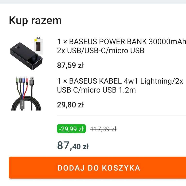 Powerbank Baseus 30000 mAh czarny + Zestaw kabli USB - USB typ C / microUSB / Lightning Baseus