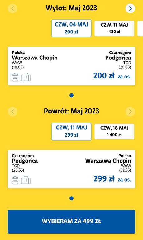 Bilety w dwie strony z bagażem rejestrowanym Warszawa-Podgorica