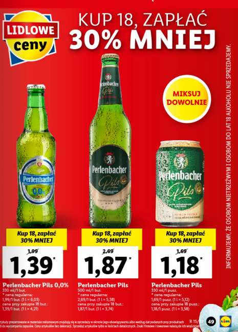 Piwo perlenbacher (butelka 1,84 zł / mała puszka 1,18 zł / 0% 1,39 zł przy zakupie 18 sztuk) @Lidl
