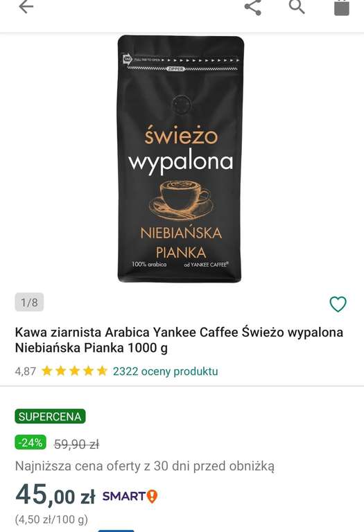 Kawa ziarnista Arabica Yankee Caffee Świeżo wypalona Niebiańska Pianka 1000 g