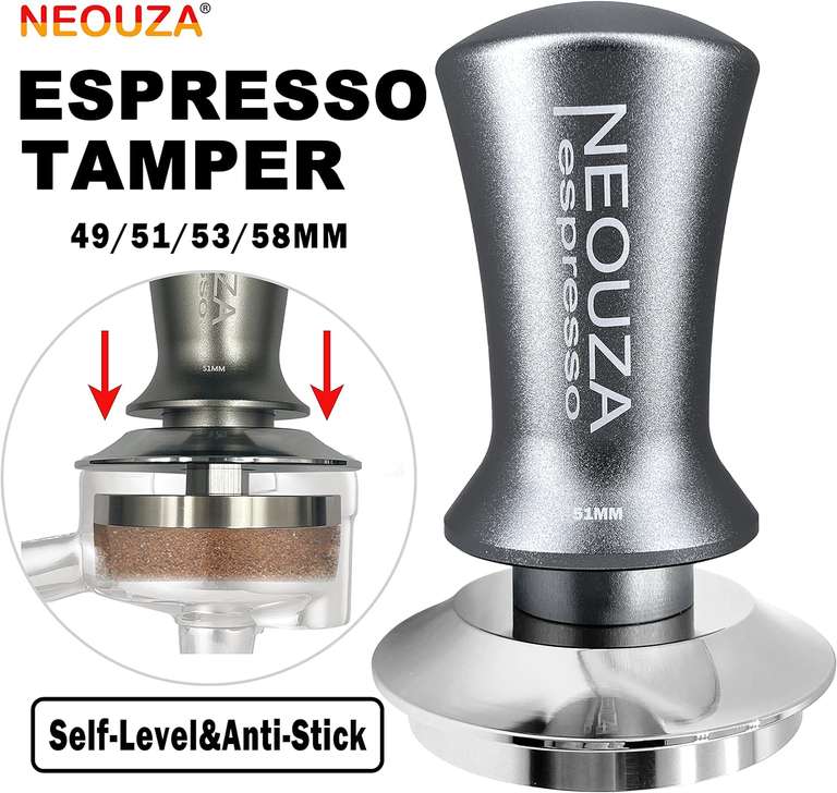 NEOUZA Tamper sprężynowy do espresso, antyadhezyjny, samopoziomujący, wyrafinowany uchwyt, płaska podstawa ze stali nierdzewnej, 51 mm
