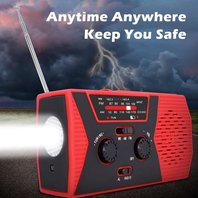 Awaryjne radio AM/FM latarka, powerbank 2000mAh, ładowanie korbką lub solarne, IPX 3, kolor czerwony, zielone droższe